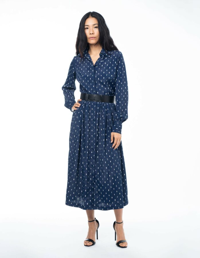 Gemma - Robe portefeuille en twill de soie vintage imprimé noir et bleu