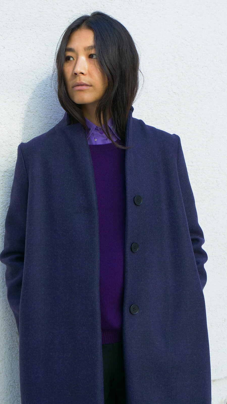 Tilda - Manteau droit en laine couleur aubergine