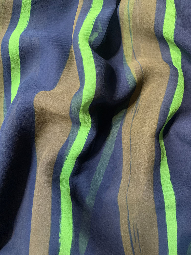 Hilary - Chemise polo en mousseline de soie vintage imprimé rayé bleu et vert