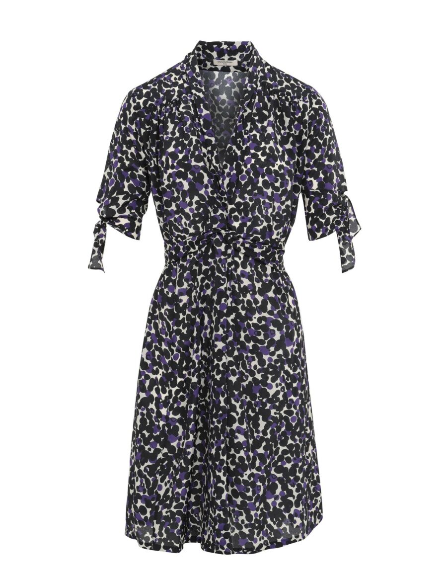 Rita - Robe feminine en crepe de soie vintage imprimée bleu et noir