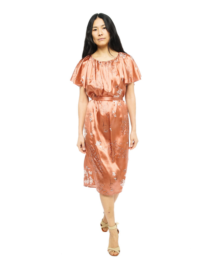 Paula - Jupe plissée en twill de soie vintage imprimé marron et rose