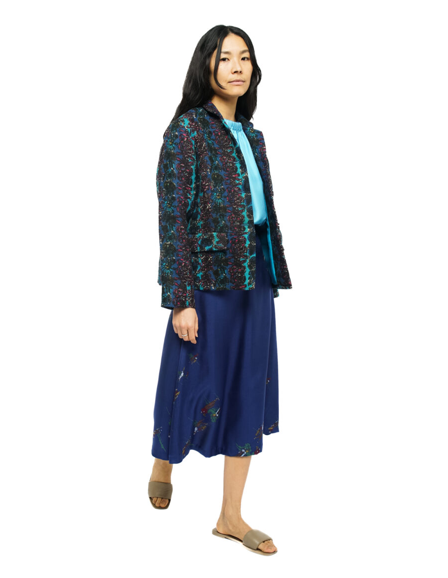 Grace - Veste court en coton imprimé vintage bleu et turquoise