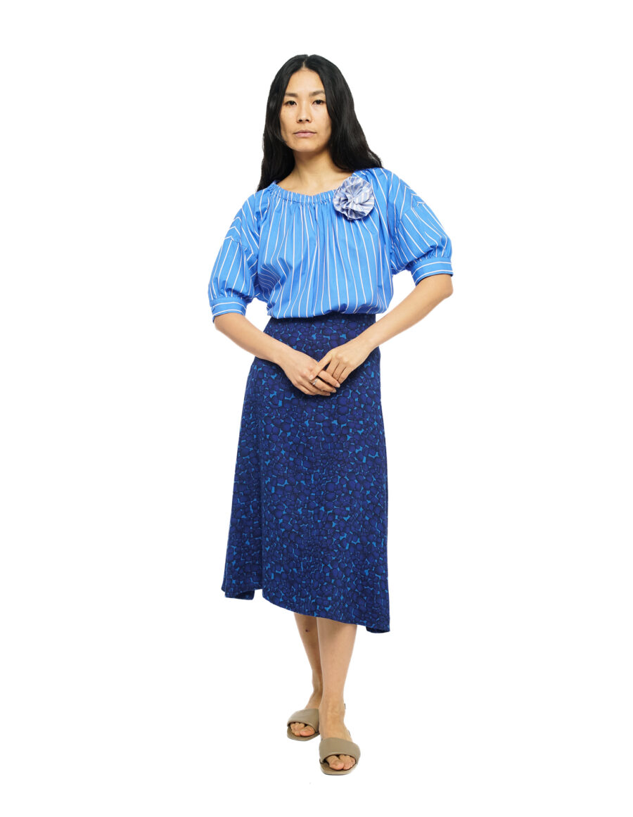 Keira - Jupe évasée en laine vintage imprimé bleu