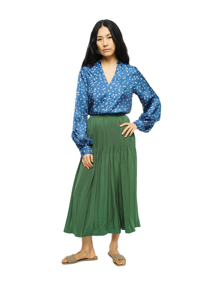 Harriet - Blouse feminine en twill de soie vintage imprimé bleu et écru