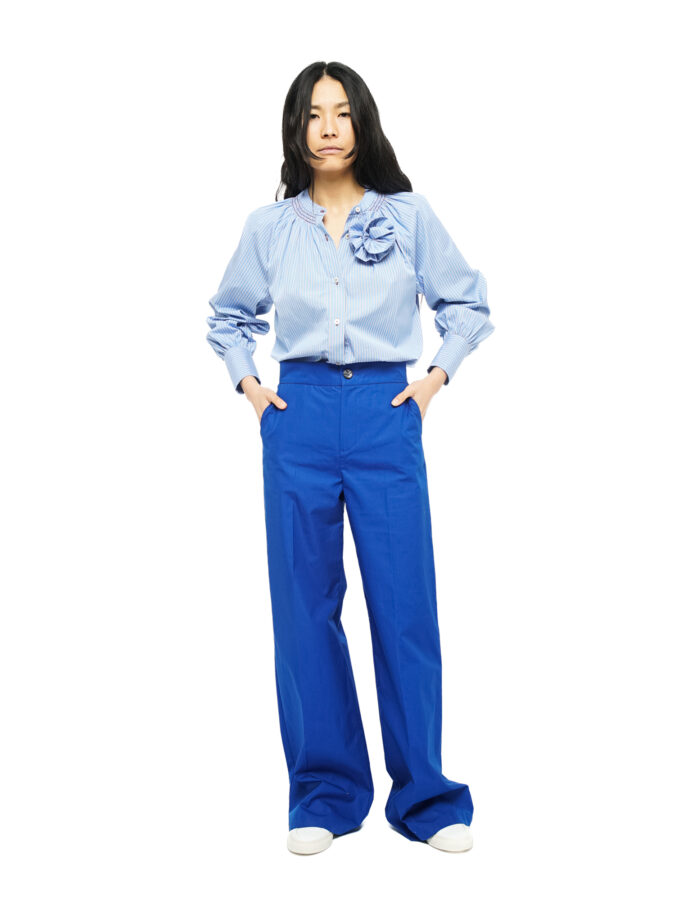 Frazier - Pantalon fluide en twill de coton vintage imprimé bleu et écru