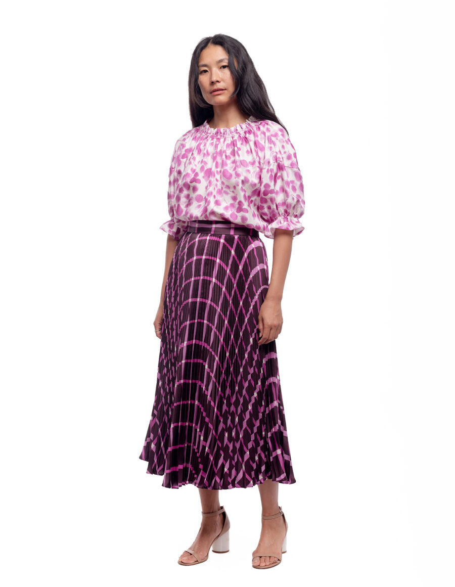 Paula - Jupe plissée en twill de soie vintage imprimé marron et rose