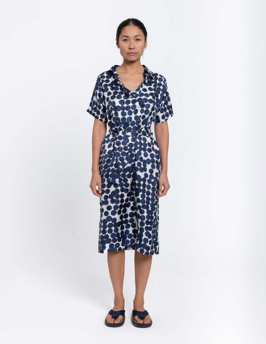 Belted dress with sailor collar in a geometric blue and white print in silk twill