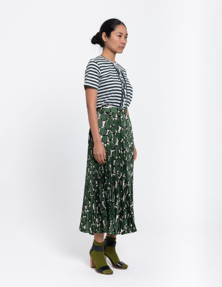 Sun pleated skirt in a geometrci green and off white vintage print in silk twill