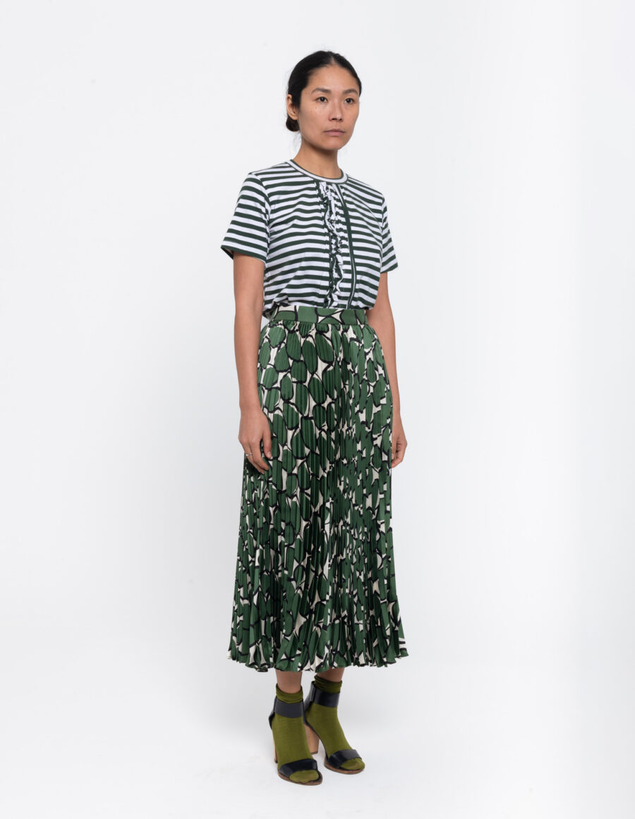 Sun pleated skirt in a geometrci green and off white vintage print in silk twill