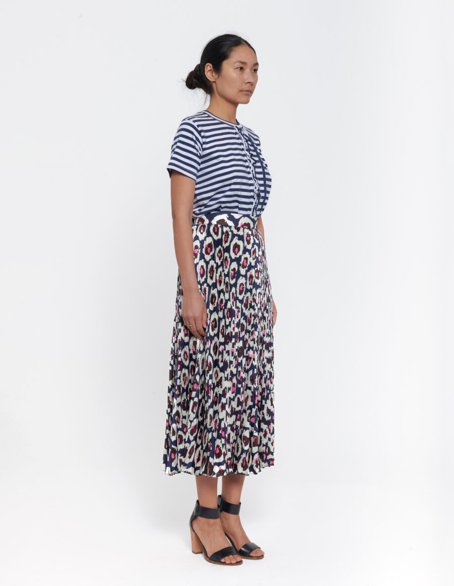 Sun pleated skirt in a floral blue, white and pink vintage print in silk twill