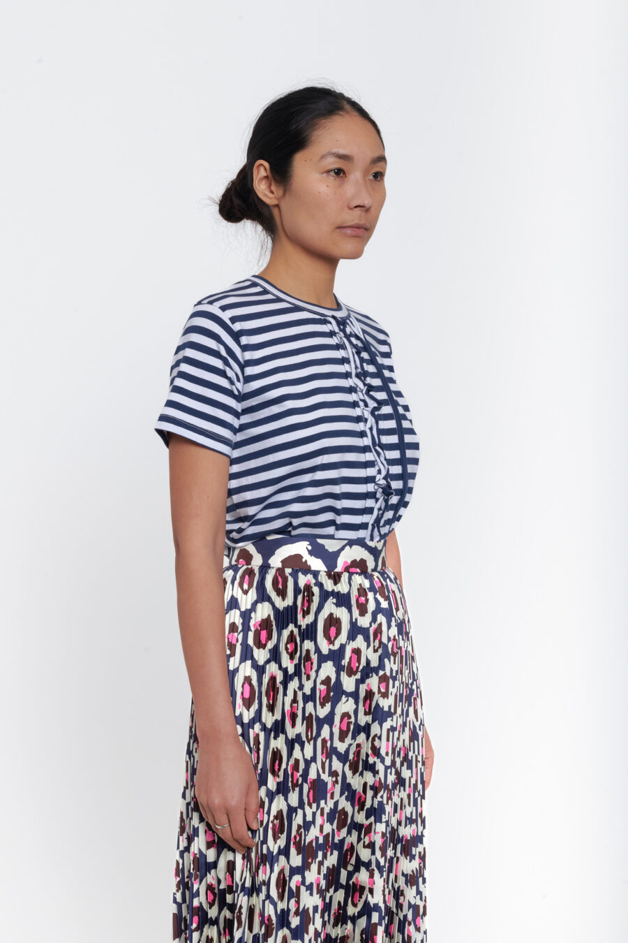 Sun pleated skirt in a floral blue, white and pink vintage print in silk twill