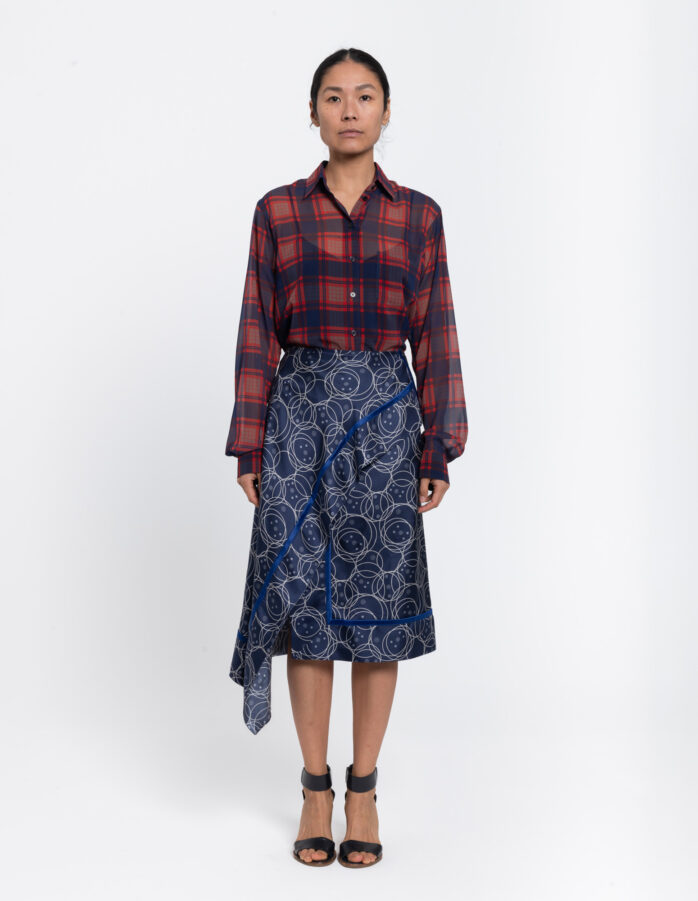A-lined skirt in a geometric blue and offwhite vintage print in silk twill