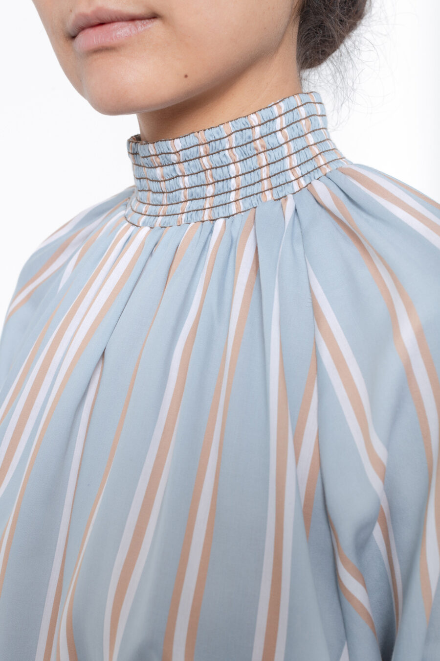 Top with gathered stand up collar in a striped light blue and brown cotton popline
