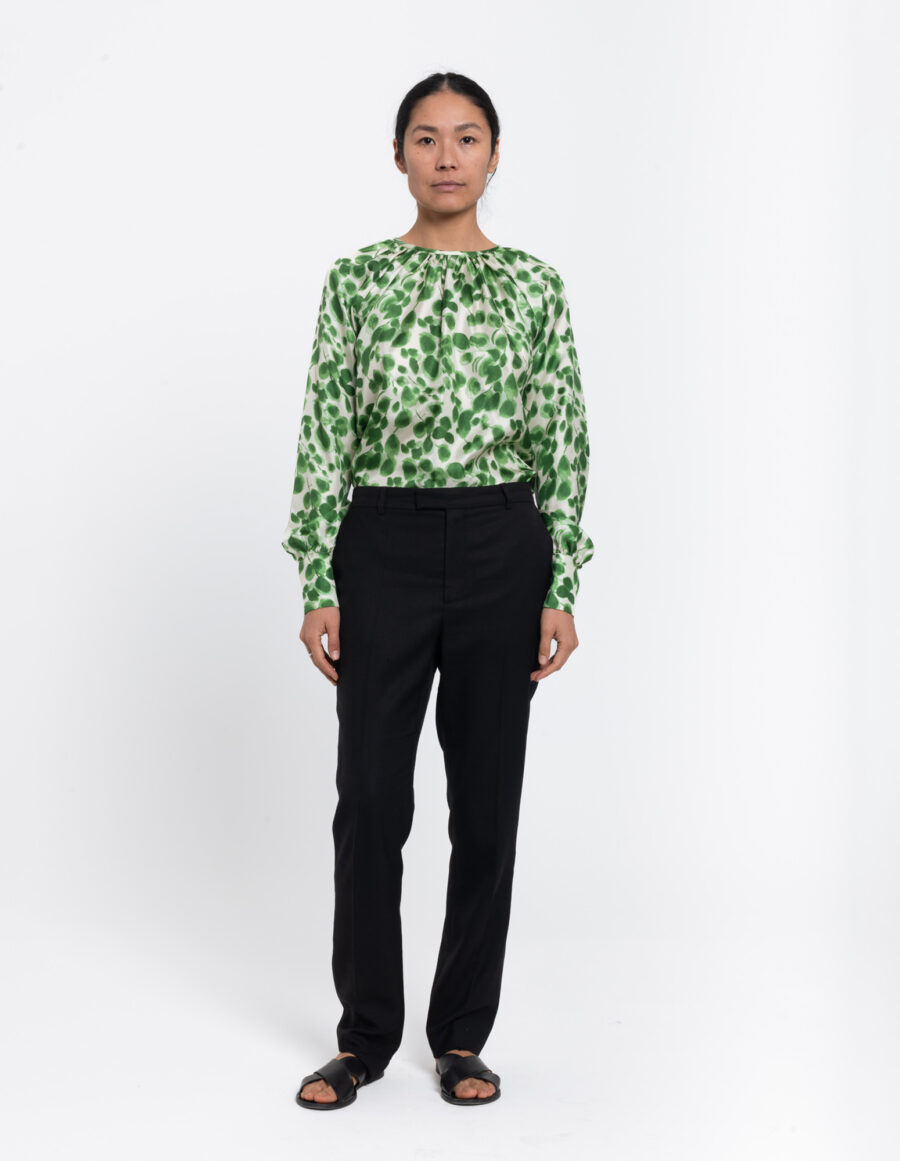 Long sleeve top with gathered neckline in a floral green and off white vintage print in silk twill