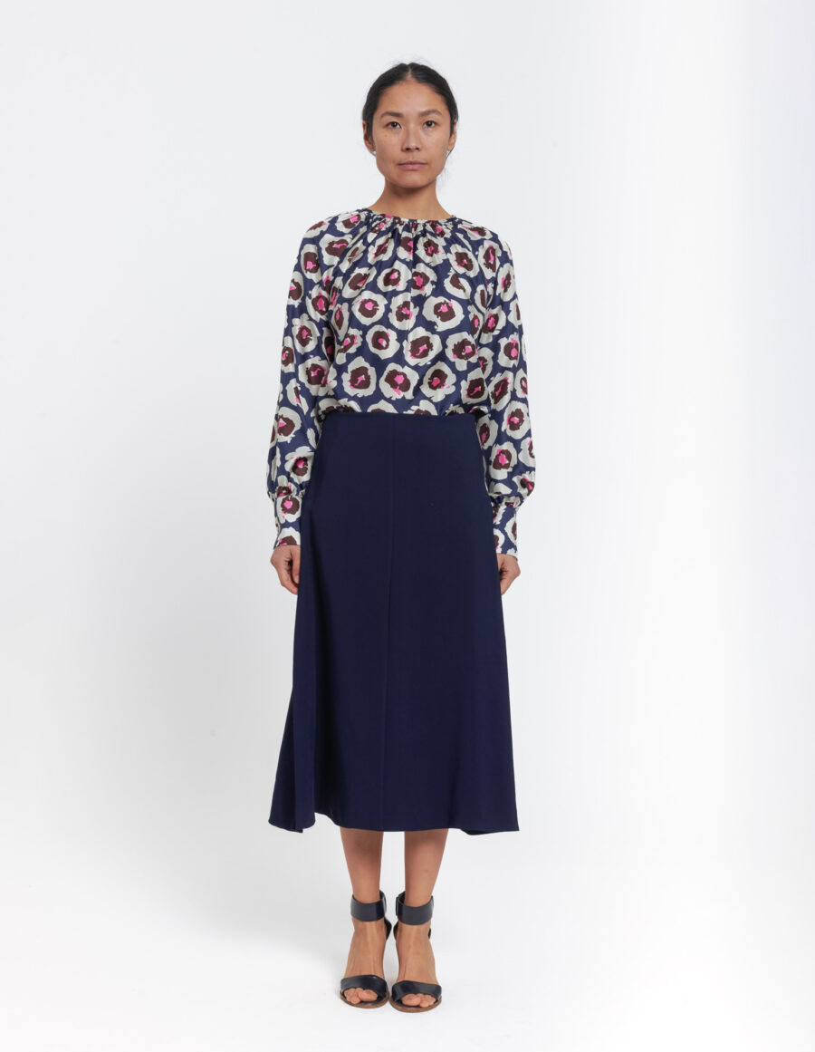 Long sleeve top with gathered neckline in a floral blue, brown and white vintage print in silk twill