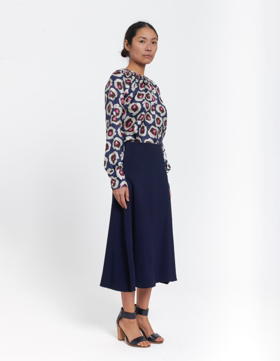 Long sleeve top with gathered neckline in a floral blue, brown and white vintage print in silk twill