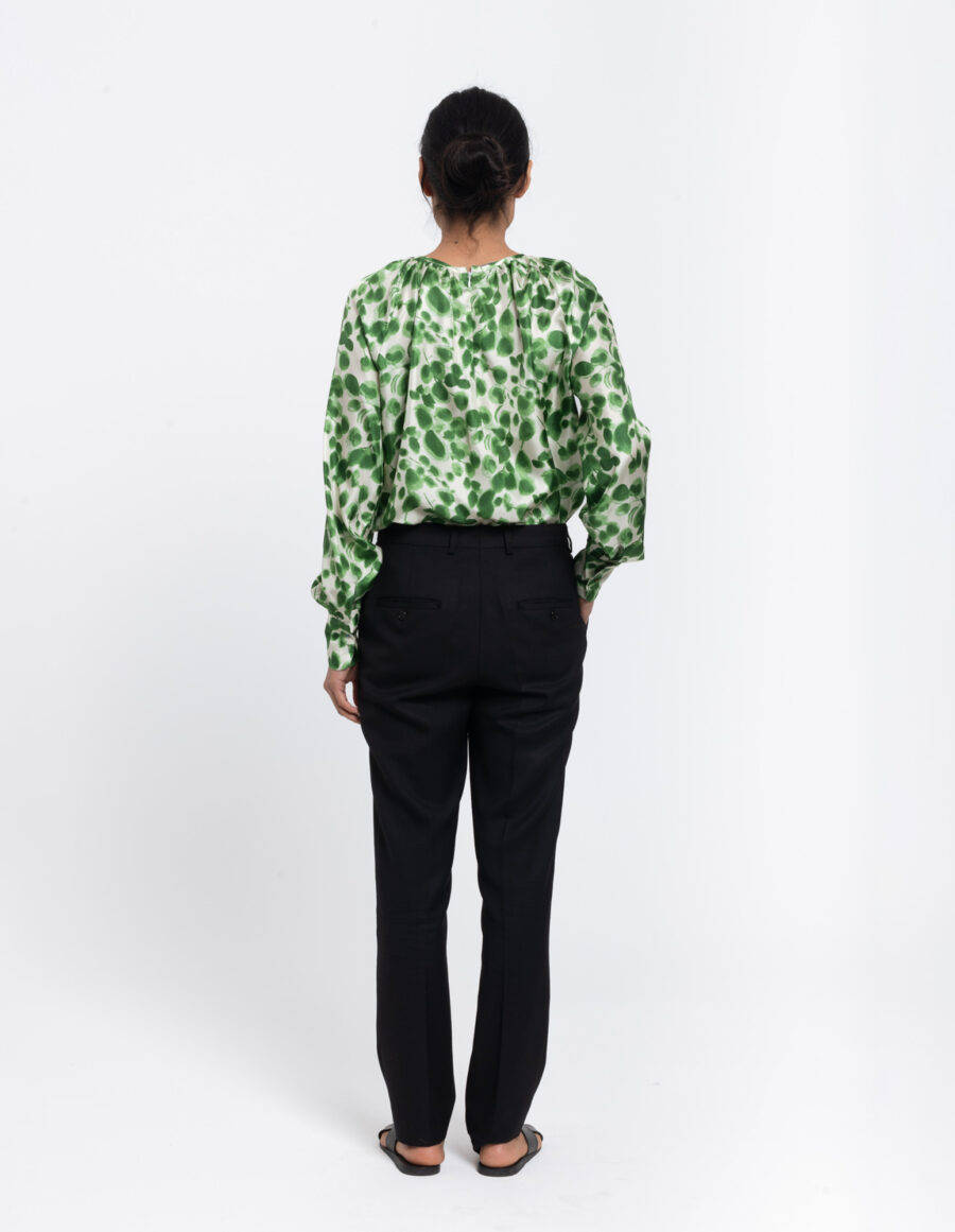Long sleeve top with gathered neckline in a floral green and off white vintage print in silk twill